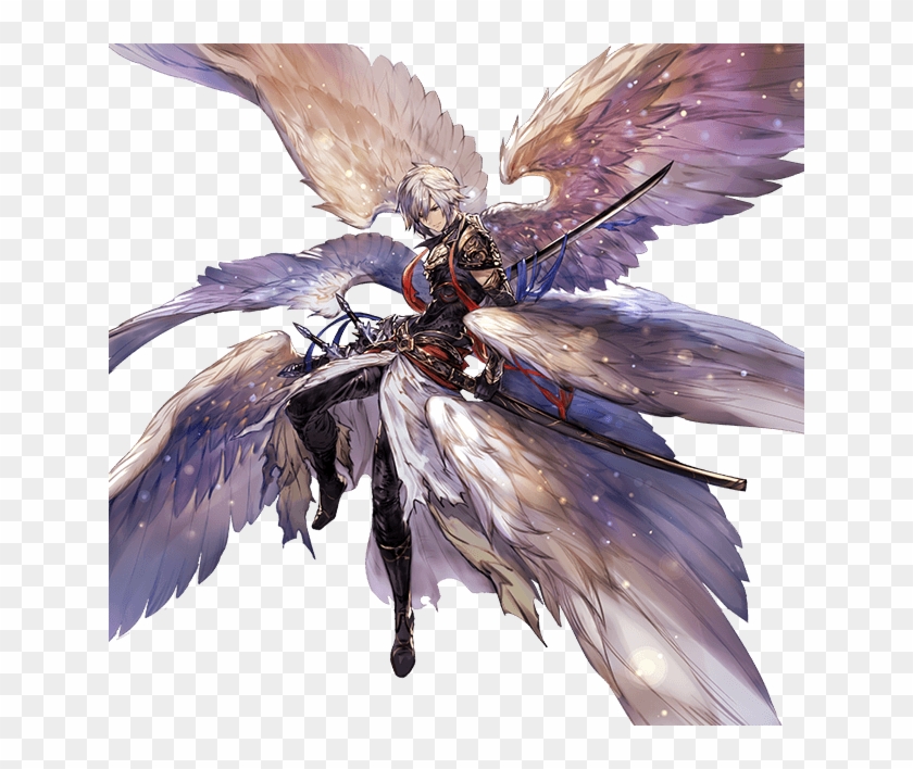 pitifultoad178 Draw a fullbody angel male with dark blonde hair and  blue eyes wearing white clothing and a light blue scarf The angel should  hold a dark blue crystal sword with both