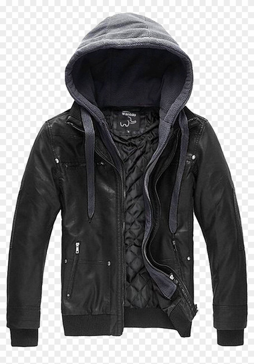Men's Faux Leather Jacket With Removable Hood, HD Png Download ...