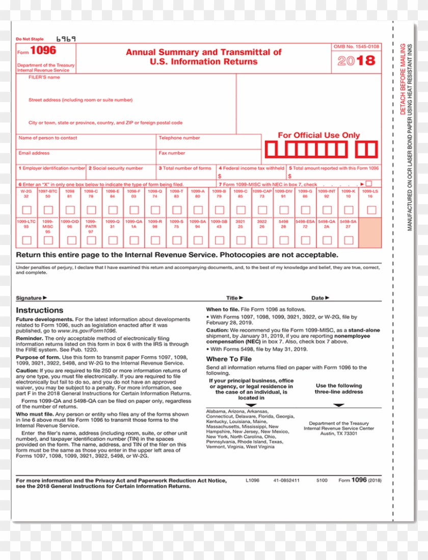 Picture Of 1096 Summary And Transmittal - 1096 Form, HD Png Download ...