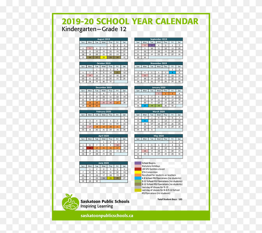 2019 And 2020 School Calendar Saskatoon, HD Png Download 522x681